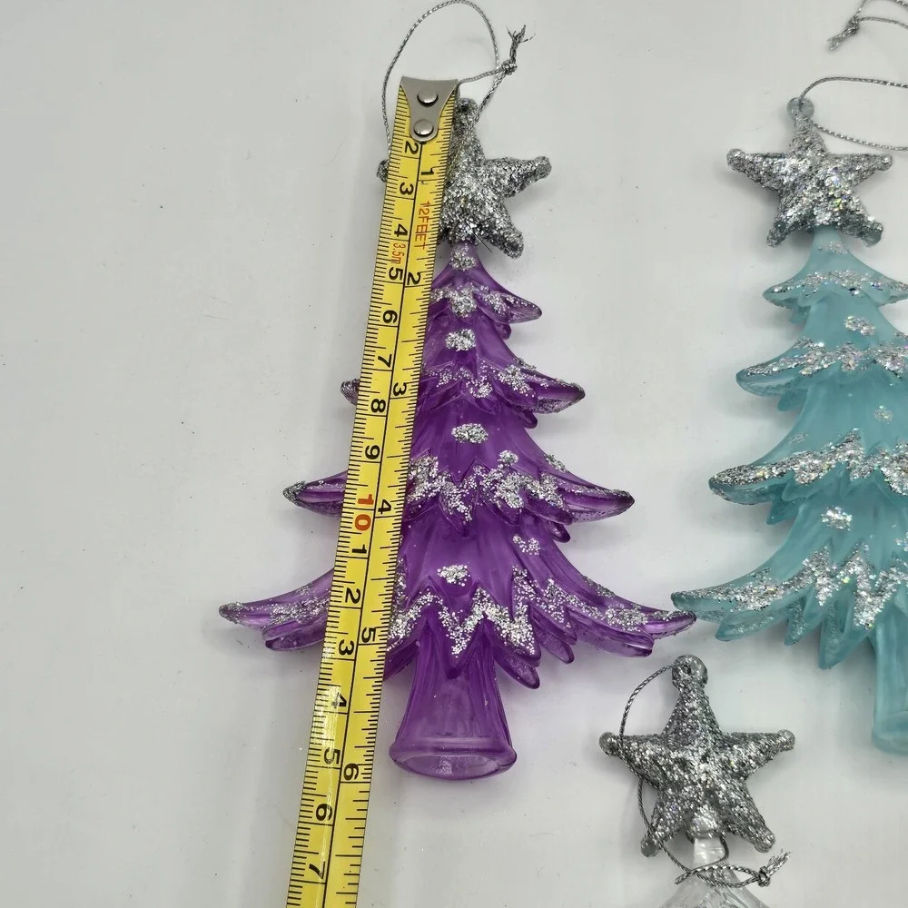 Lot Of 3 Plastic Christmas Tree Hanging Ornament Blue‎ Purple White Glittered